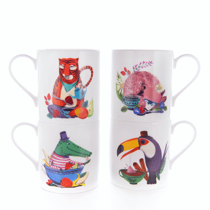 Animal mugs for kids with tiger, fox, crocodile and toucan illustrations