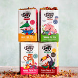 4 boxes of kids herbal & fruit teas stacked with loose blends