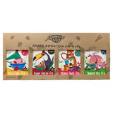 A set of four packaged children's herbal teas in a Kraft presentation box with colorful animal illustrations on each packet, labeled as Merry Tiger, Jolly Croc, Happy Toucan, and Snoozy Fox.