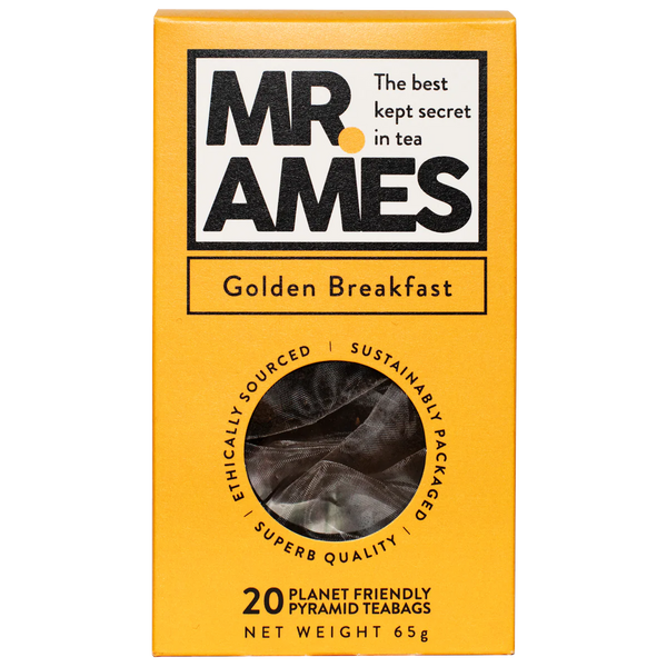 Box of Mr. Ames Golden Breakfast tea on a white background