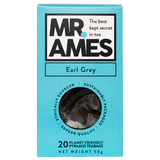 Box of Mr. Ames Earl Grey tea with blue packaging and clear window