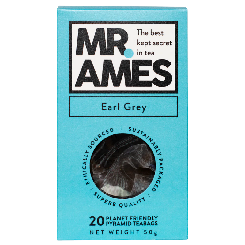 Box of Mr. Ames Earl Grey tea with blue packaging and clear window