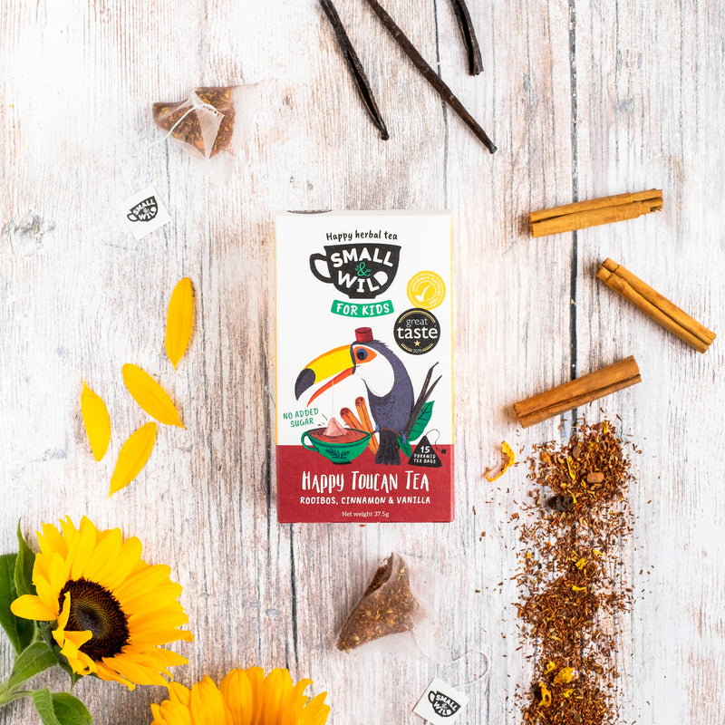 Happy Toucan tea with ingredients including rooibos, cinnamon and vanilla