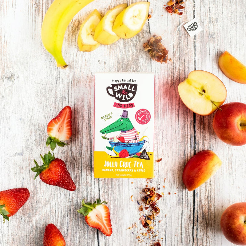 Ingredients for fruit tea for kids - banana, strawberry and apple 