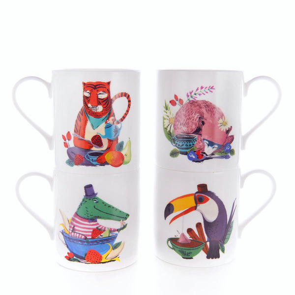 Animal mugs for kids with tiger, fox, crocodile and toucan illustrations