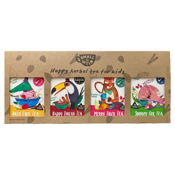 A set of four packaged children's herbal teas in a Kraft presentation box with colorful animal illustrations on each packet, labeled as Merry Tiger, Jolly Croc, Happy Toucan, and Snoozy Fox.